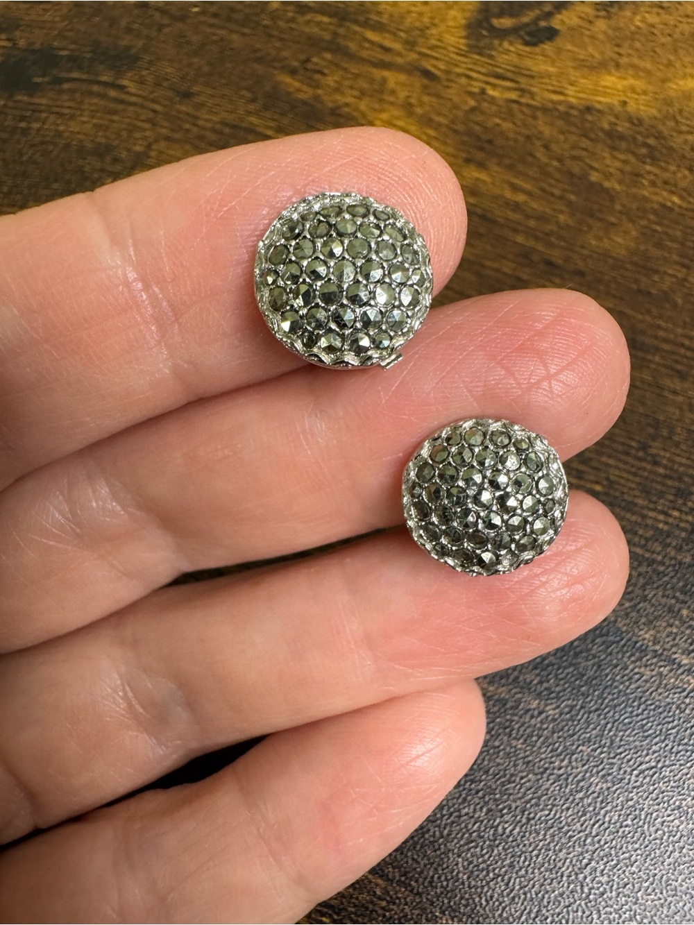 Vintage Silver Tone Marcasite Domed Clip-On Earrings